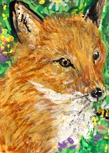 ORIGINAL ACEO Painting Red FOX Spring Flower Landscape Animal Wild Nature ART
