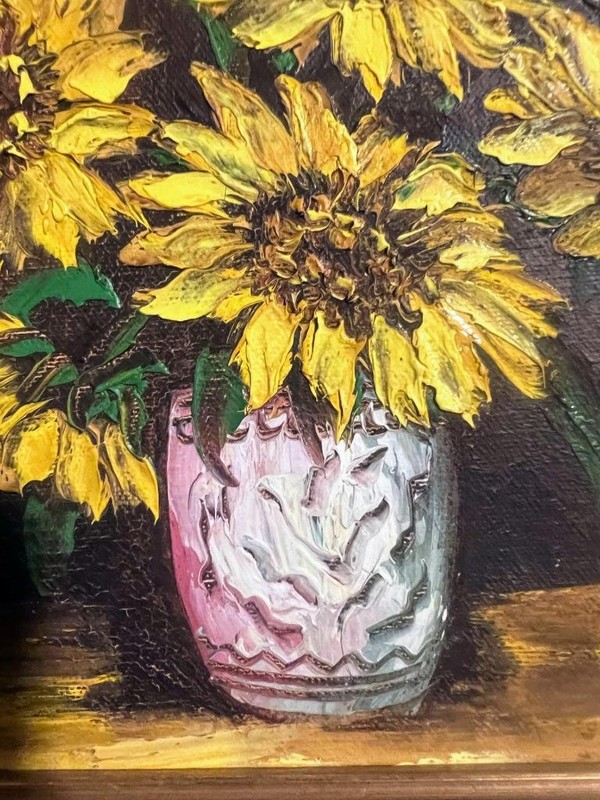 Vintage Oil Painting Floral Still Life Sunflowers Flowers Artist Signed Howard gallery
