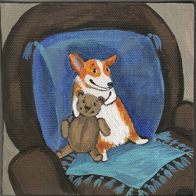 5×5 PRINT OF PAINTING PEMBROKE WELSH CORGI TEDDY BEAR FOLK ART RYTA CHRISTMAS