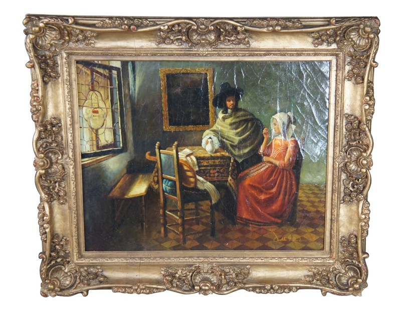 The Glass of Wine Dutch Oil Painting After Johannes Vermeer Canvas Framed 40″