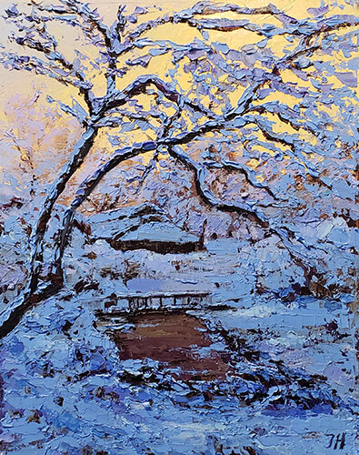 Evening winter scene. Original framed under glass oil on paper 11"x14" painting. gallery