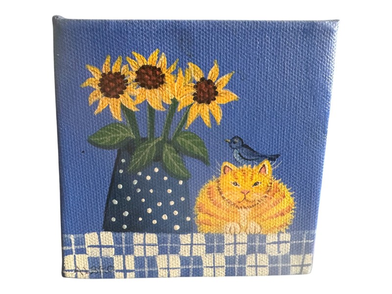 Small 4” x 4” Nancy Albro FOLK ART Original acrylic Painting – Cat & Sunflowers
