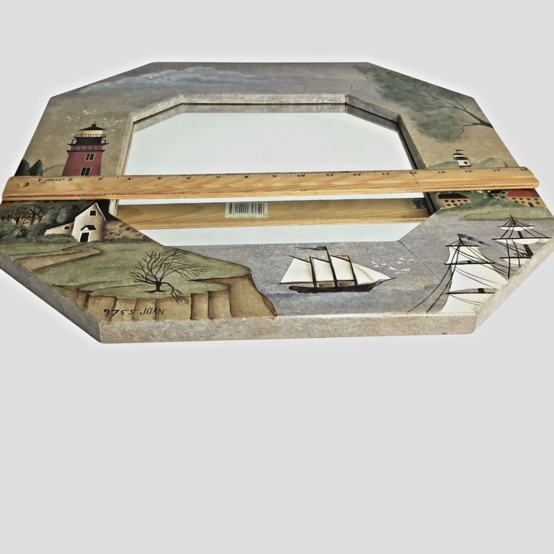 Hand-Painted Lighthouse Nautical Mirror 18x18 Folk Art Coastal Ship Wall Decor gallery