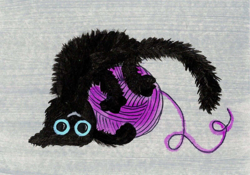ACEO *Print* of Original Art Black Fluffy Kitty Cat Kitten & Yarn by Saulite
