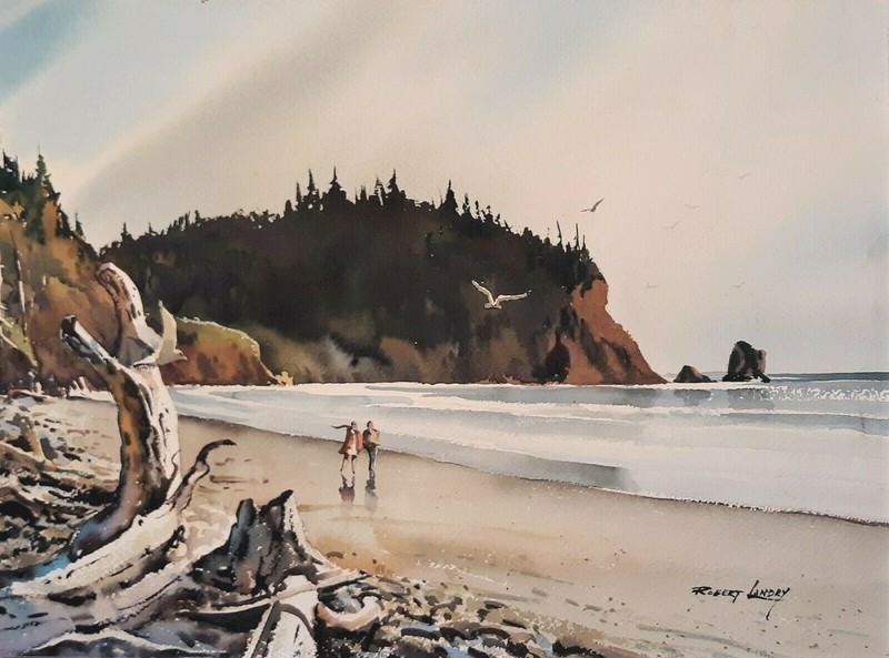 LAST LISTING People Oregon Beach Watercolor Painting Listed Artist Robert Landry