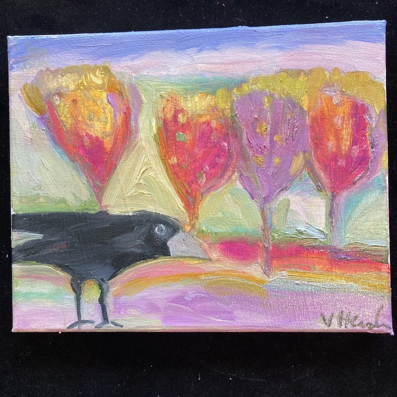 “Crow With Fall Trees An Original Oil Painting 8”x10”On Canvas