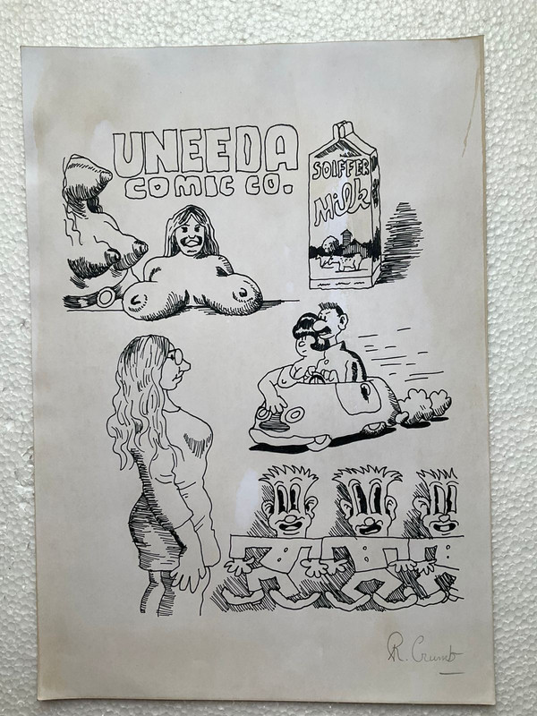 ROBERT CRUMB drawing and painting on old paper signed stamped vintage