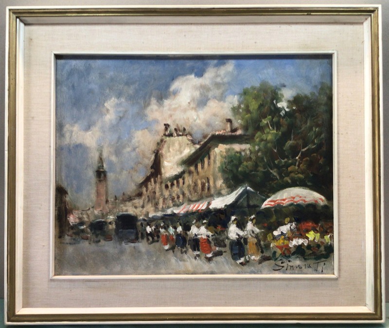Claudio Simonetti Flowers Market Scene Circa 1950s Framed Oil Painting