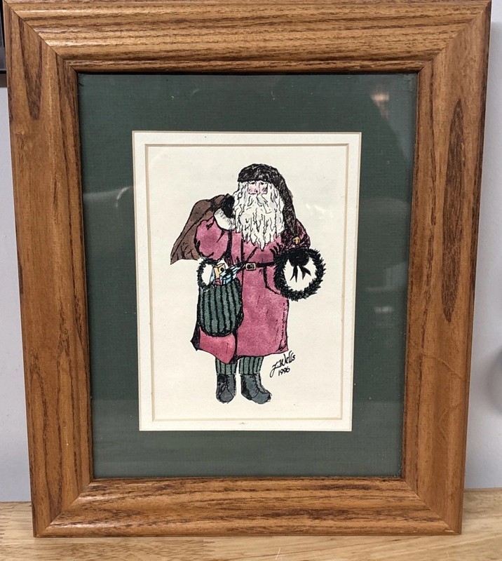 Santa Claus Framed Watercolor Painting Signed J. Wells 1996 Rustic Christmas