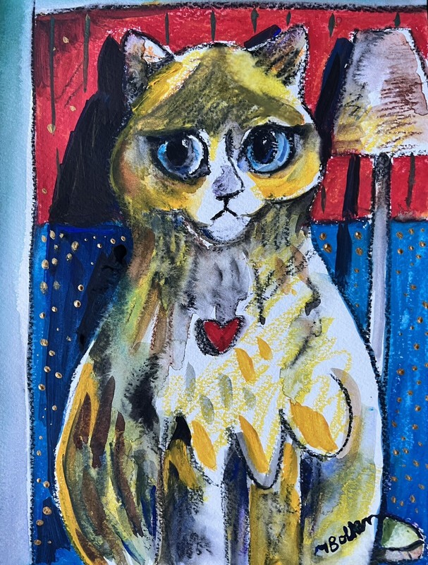 Melissa Bollen original watercolor Strathmore signed cats cubist Stylized Cat