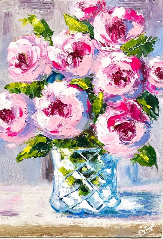 Original Art Peony Painting Wall Art Flower in vase Book Shelf Decor 8 x 6″
