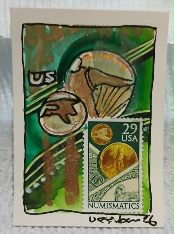 Postal Whimsy OOAK ACEO – 29¢ Numismatics Stamp Abstract Watercolor Scribble Art