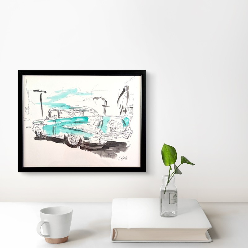 Vintage Car Original Painting 11x14 Chevy Bel Air Wall Art Includes Frame Swhite gallery