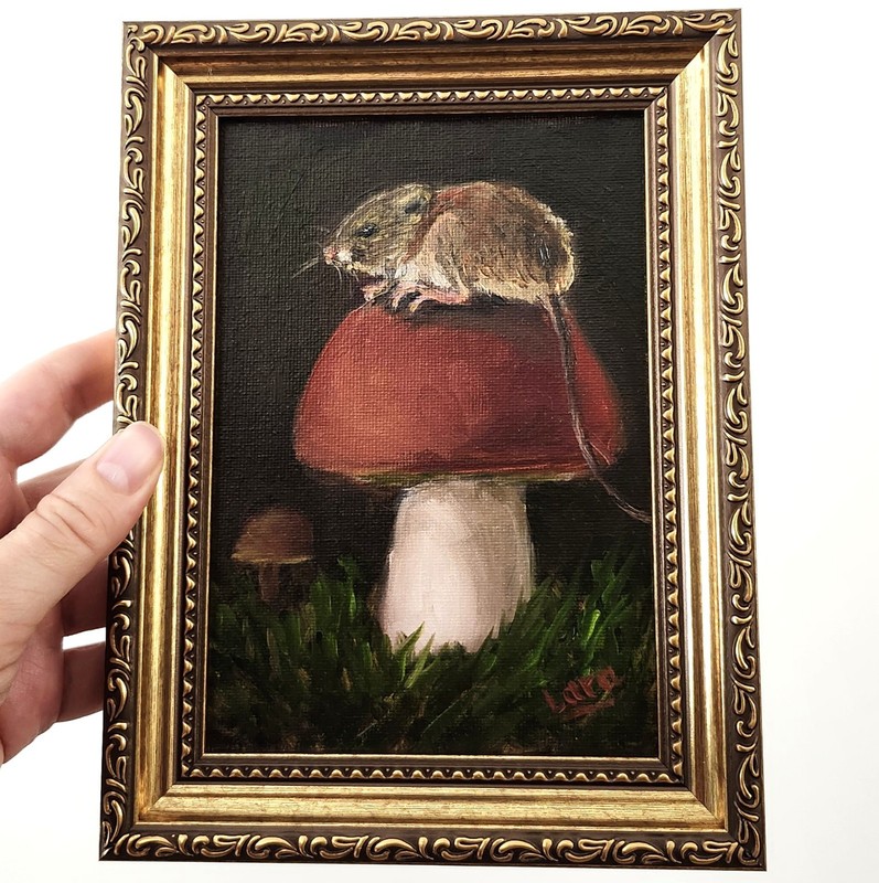 Framed Original Oil Painting Mouse on Mushroom 5×7 Signed OOAK Woodland Art