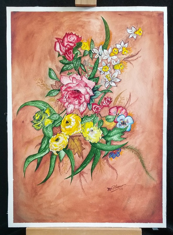Watercolor Flower Painting 22 3/4″ X 16 1/2″ Bold Colors Dark Background Signed