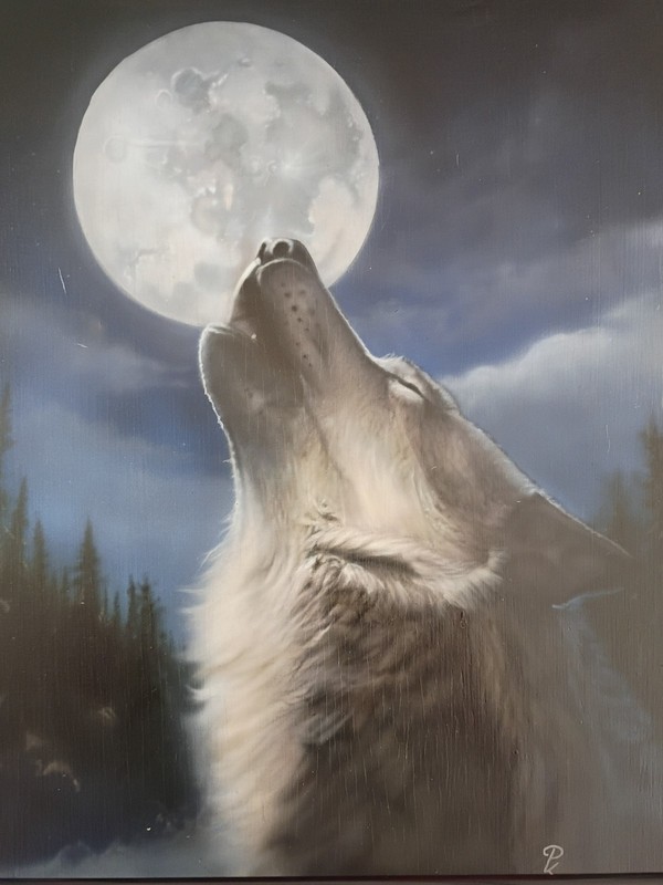 Framed Howling Wolf Acrylic Painting
