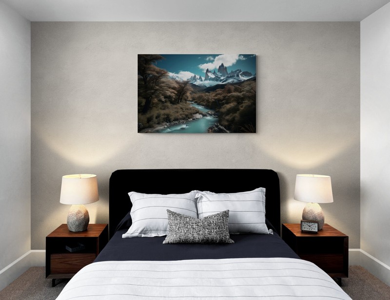 Mountain River Landscape Canvas, Nature Painting Portrait Blue Skies Trees Photo gallery