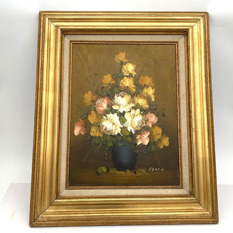 Original White Yellow Pink Roses Oil Still Life Painting Cohen Gold Frame 23×19″