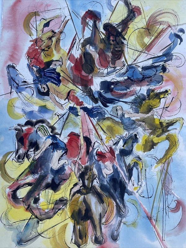 VINTAGE PAINTING ABSTRACT EXPRESSIONISM HORSES CAROUSEL CARNIVAL FAIR 1960’S