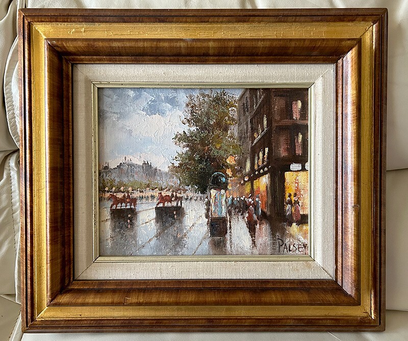 Street Paris France Artist Palsey Oil Painting Near Eiffel Tower, Horses & Buggy