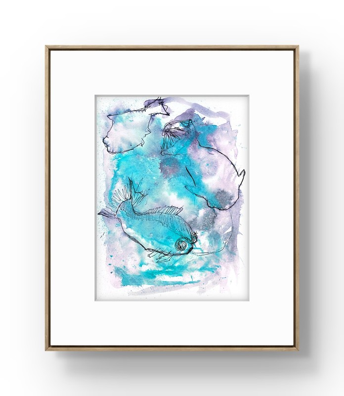Original Koi Fish Painting 9×12 Acrylic Teal Purple White Signed