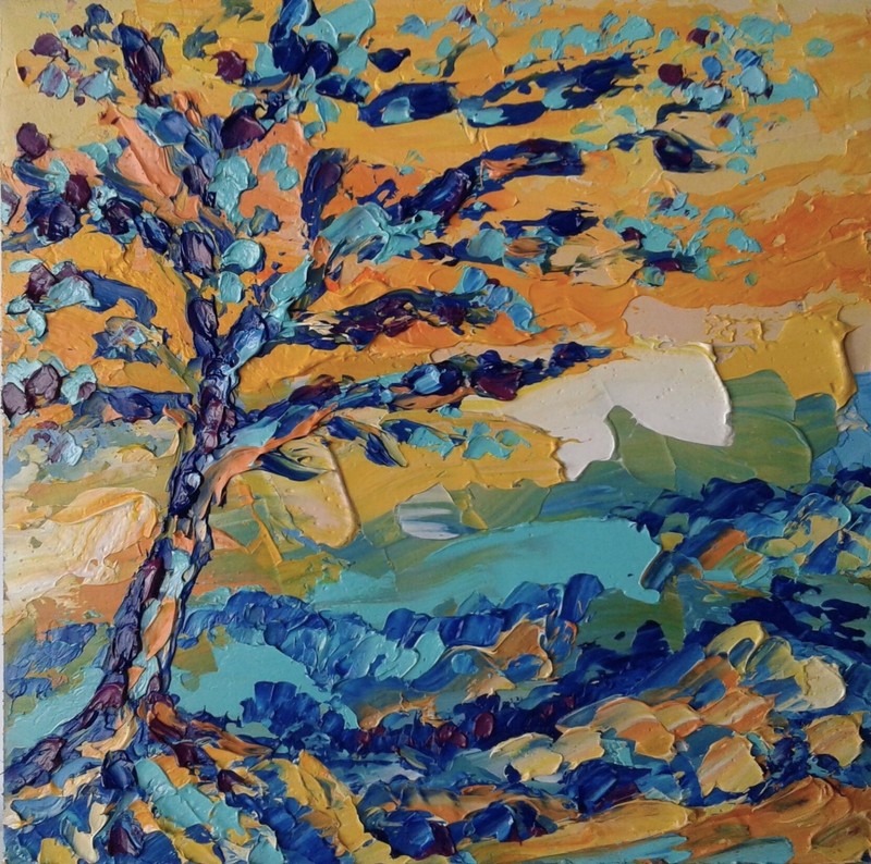 Framed Abstract Tree Landscape Lonely Tree Art 6x6 Impasto Oil Painting Original gallery