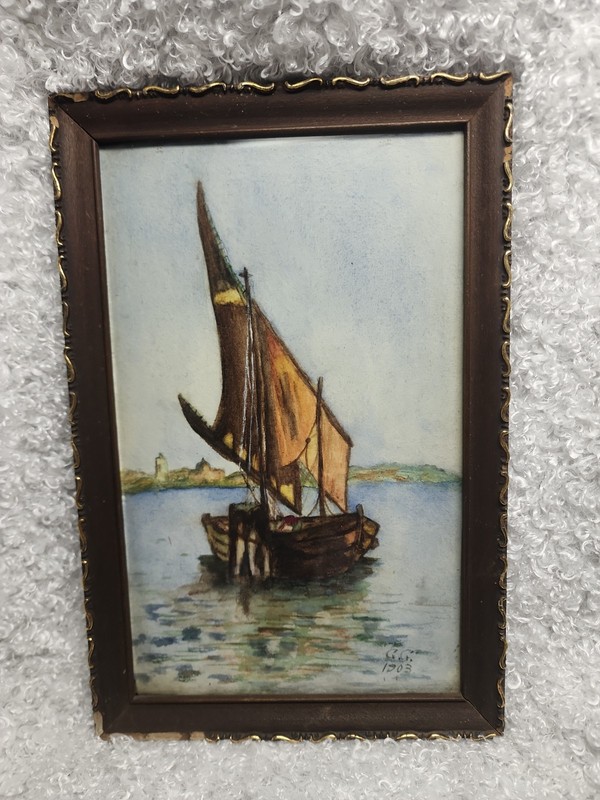 Antique 1903 Watercolor Sailboat, Signed G.G., Geneva Nautical Framed Art gallery