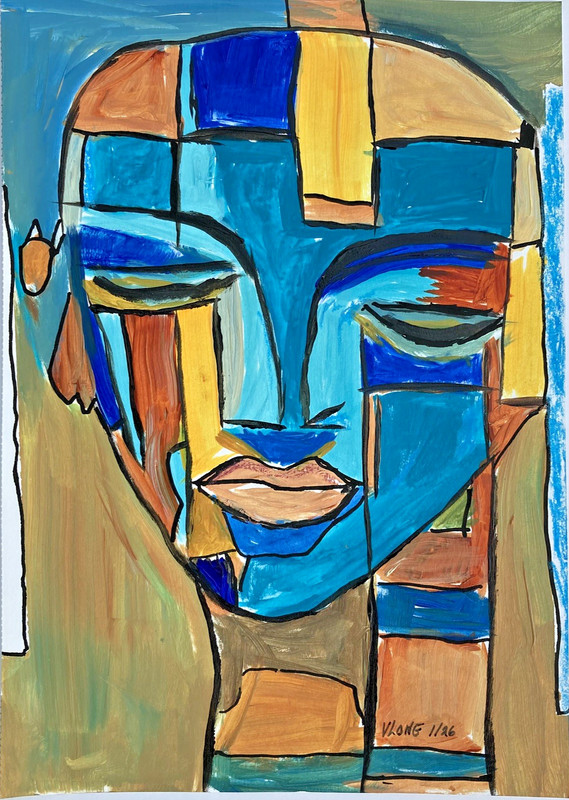 Original Hand Painted Art Boy Portrait Cubism Abstract 10 x 7 in by Artist