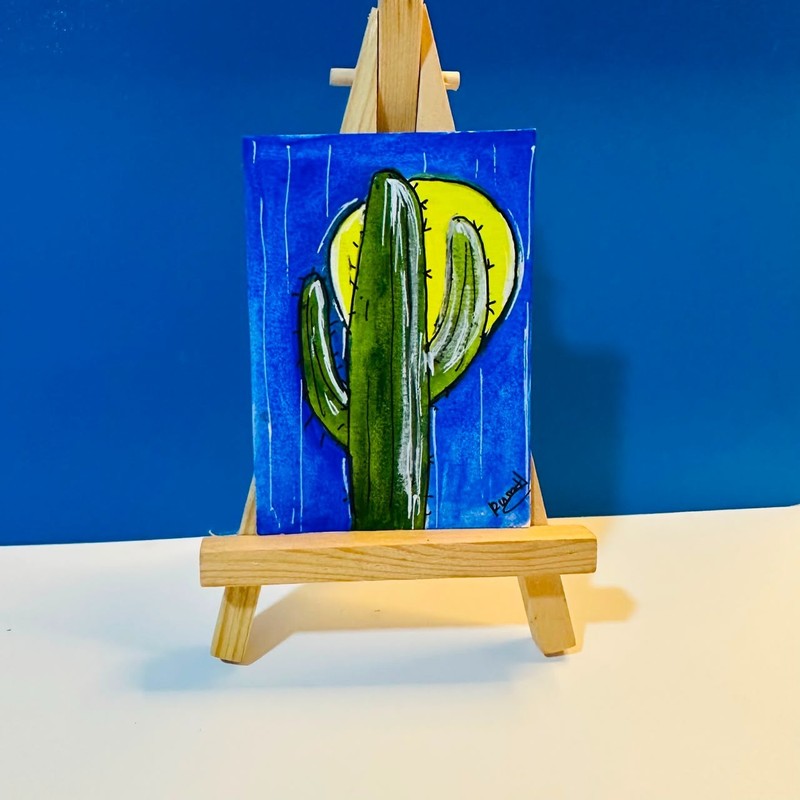 ACEO Cactus Moon Desert Landscape Original Watercolor Painting OOAK Mini Art SFA gallery