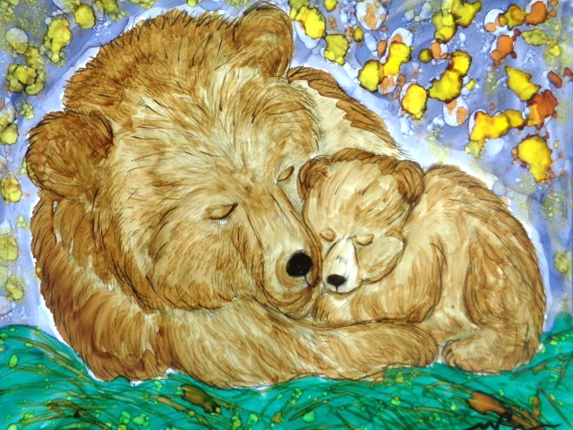 Original COLORFUL WILDLIFE SLEEPING GRIZZLY BEAR & CUB Painting ART 8X10