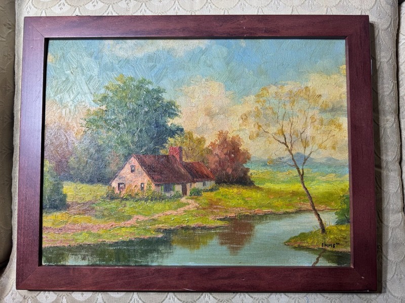 Vintage Emmet «Landscape With Home And River Scene» Oil Painting – Signed/Framed