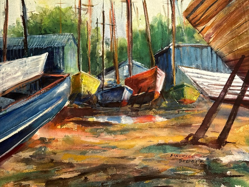 OLD BOAT YARD PAINTING AMERICAN REGIONALISM FAMOUS MAURICE SILBER LISTED 20" gallery