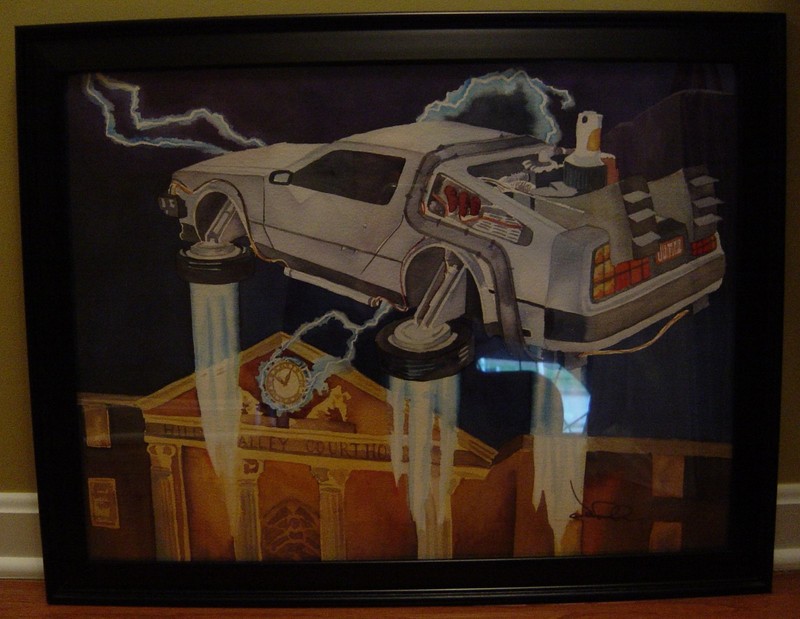 BACK TO THE FUTURE ORIGINAL DELOREAN WATERCOLOR PAINTING PICK UP ONLY