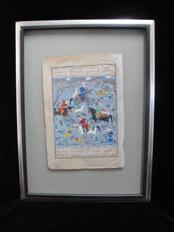 Antique PERSIAN Illuminated MANUSCRIPT Mughal Art Horsemen HUNTING Painting