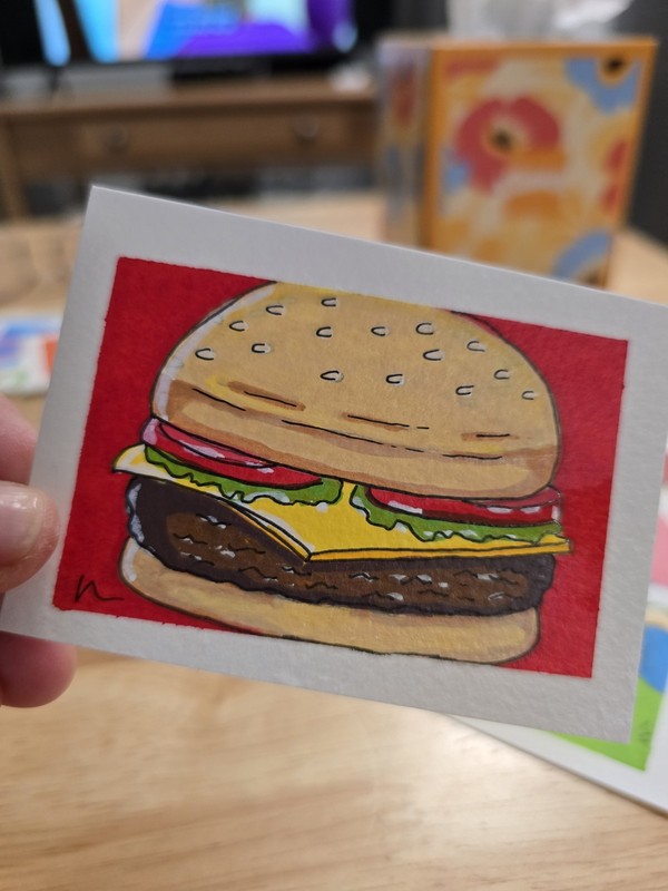ACEO Original Painting Acrylic Bob’s Burgers Hamburger Cheese Burger