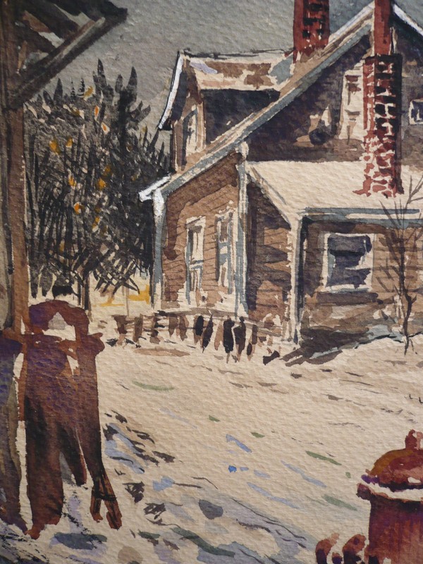 FRED FOX, vintage AMERICAN SNOW SCENE WATERCOLOR LISTED RARE RURAL SCENE wow gallery