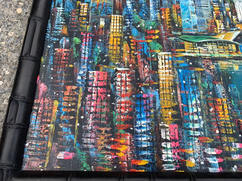 Street Art Original Painting of Hong Kong Harbor Victoria Harbour Oil Canvas 25” gallery