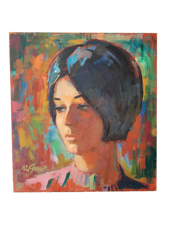 Beautiful Mid Century modern Painting of Female Portrait 1970s Signed