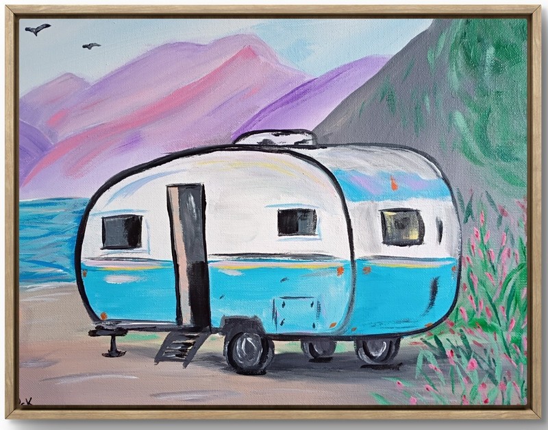 Little Blue Retro RV Camper 11×14 Canvas Original Art Expressionism Abstract