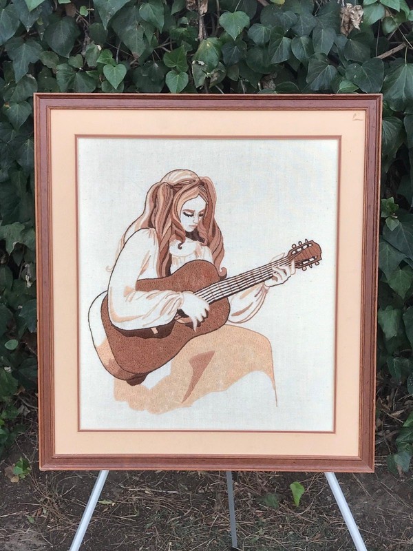 EMBROIDERY ART 1960s Original HAND MADE VINTAGE MID CENTURY MODERN Girl & Guitar gallery