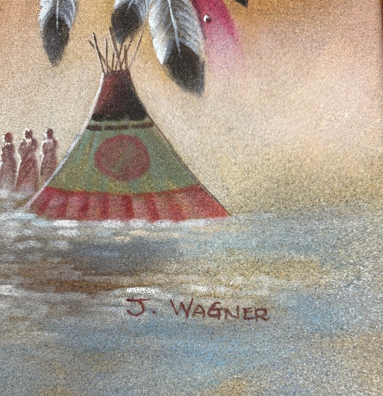 Vintage Native American Portrait Signed J. Wagner Sand Textured Canvas Painting gallery