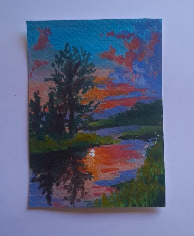 ACEO Original Gouache Golden Sunset over Lake Mini Painting «2,5 x 3,5»