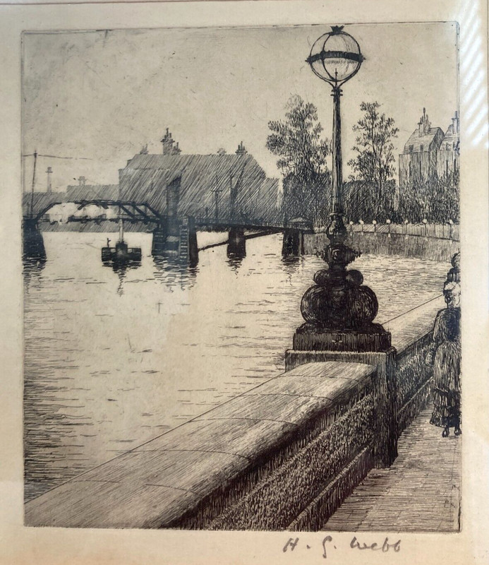 1929 Original Victorian Pen and Ink City Bridge Landscape Art Framed 10″x12″ &