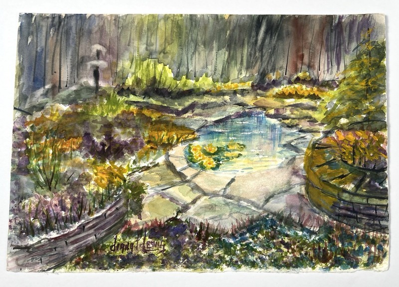 Original Watercolor Garden Pond Scene Signed Lewis 10×15” Landscape Painting