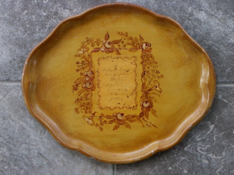 Vtg 16 3/4" Steel Tray-Hand-Painted Folk Art Wedding Announcement-Shrader-1957