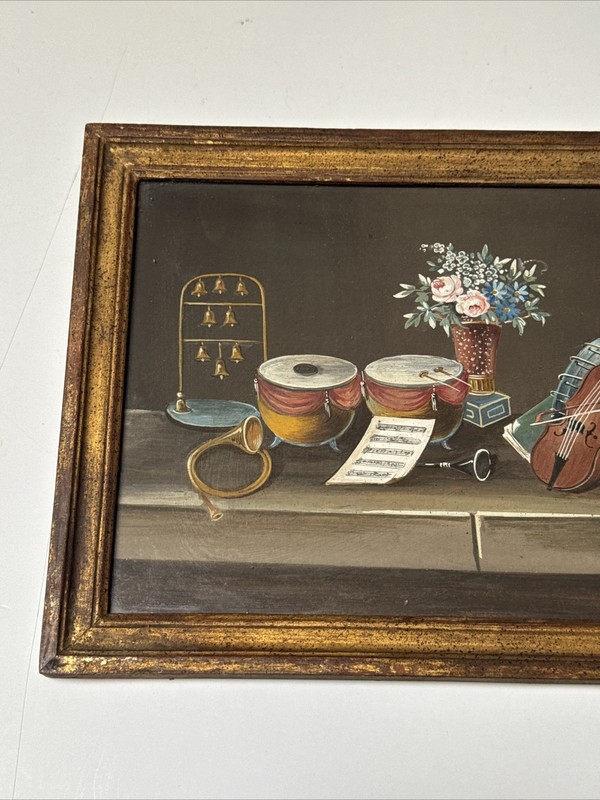 Antique Still Life Painting Floral Musical 19th Century Small Gem Mystery 1880’s gallery