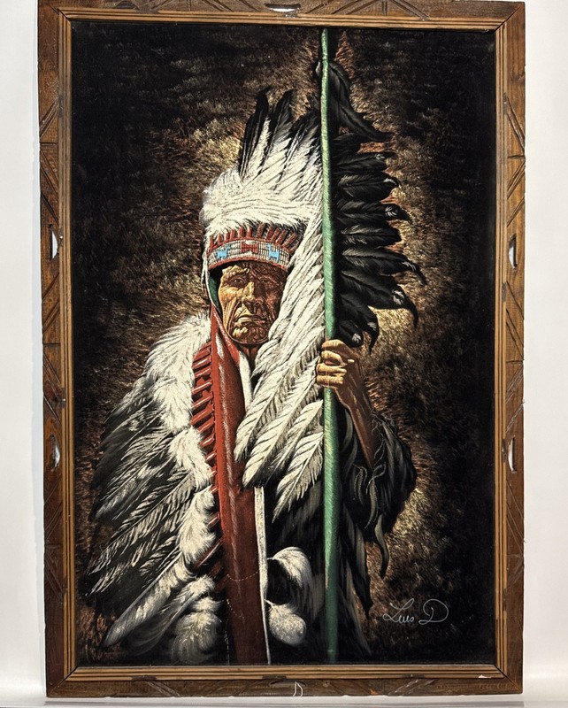 SIGNED Native American Chief Black Velvet Painting 39”X 26” Wood Frame STUNNING