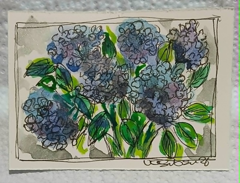 Wild Blue Hydrangea Flowers ACEO OOAK Loose Watercolor Scribble Pearlescent Art