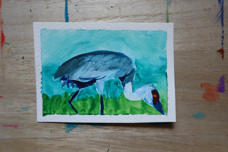 ACEO original bird green nature wildlife outdoor painting «Sandhill Crane #4»