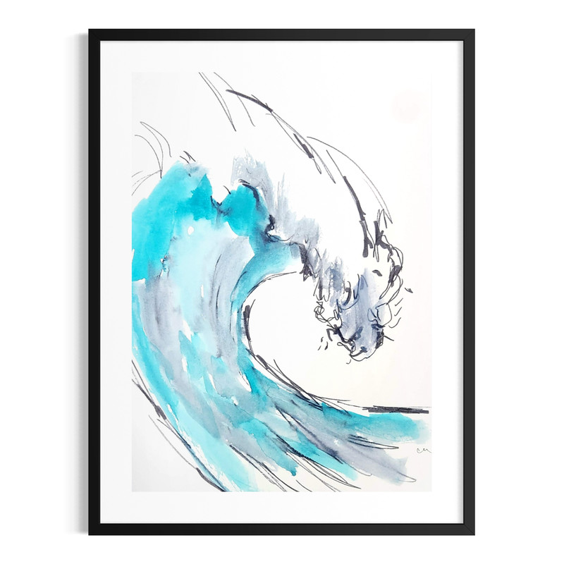 Original Abstract 9×12 Wave Painting Minimalist Ink Black White Wall Art Paper